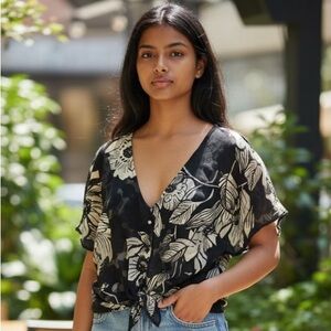 Flynn Skye Floral Tie-Front Blouse with Slit Shoulder Sleeves and Button Closure